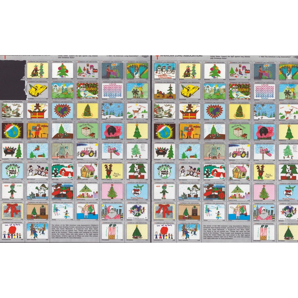 1994 American Lung Association Christmas Seals 2 Sheets Childrens Art Vintage